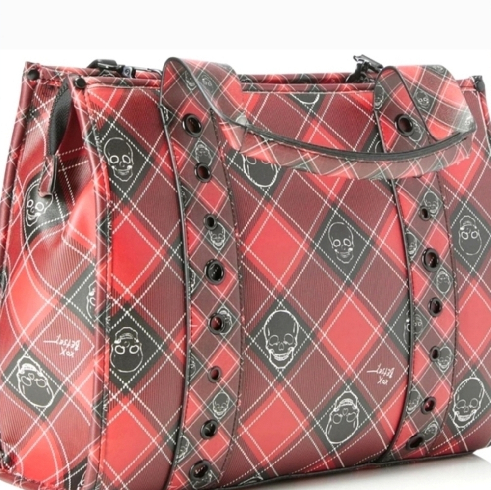 ❤️🔹️BETSEY JOHNSON🔹️ red Plaid Skull Tote w/ coin pouch XOLOLO - Picture 3 of 12